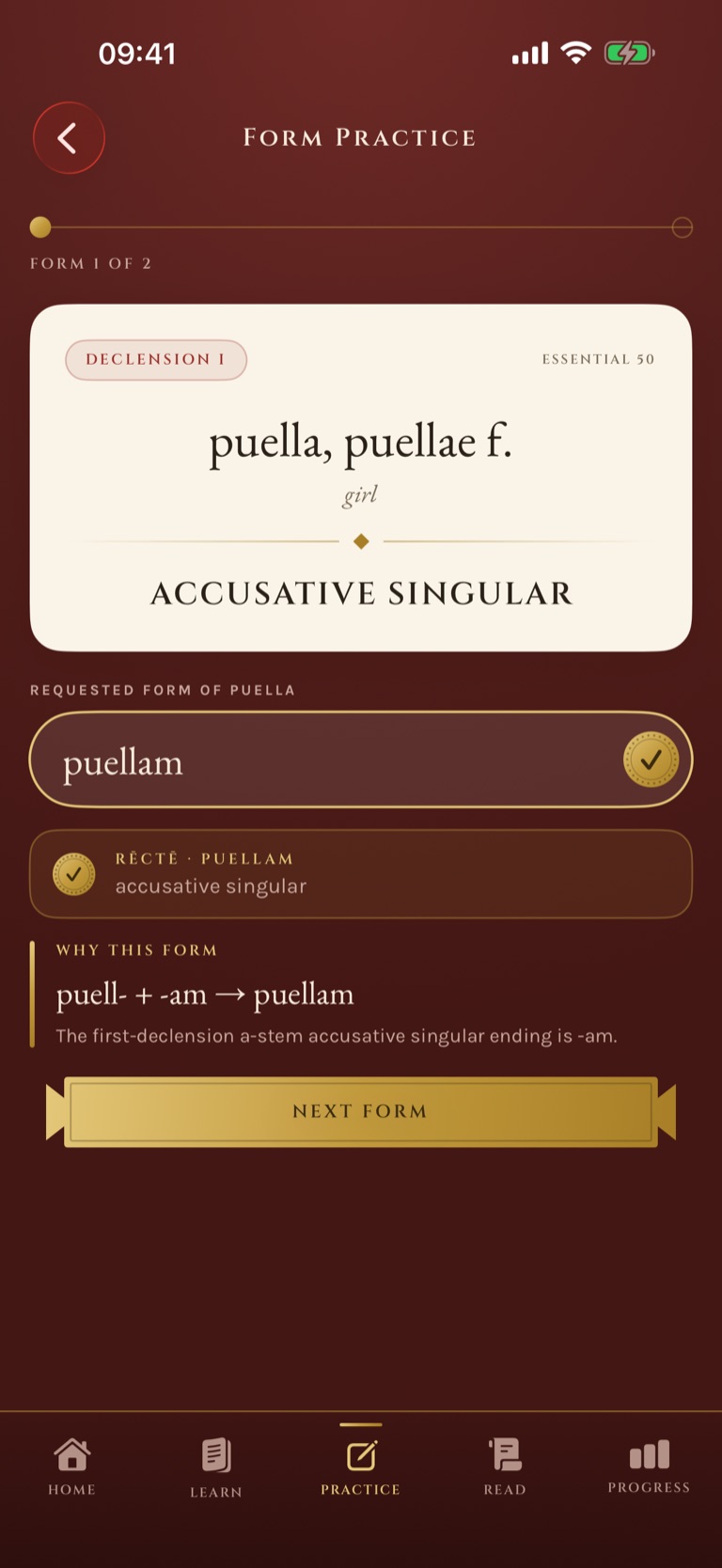 Declinatio form practice screen: the accusative singular of puella, checked and explained