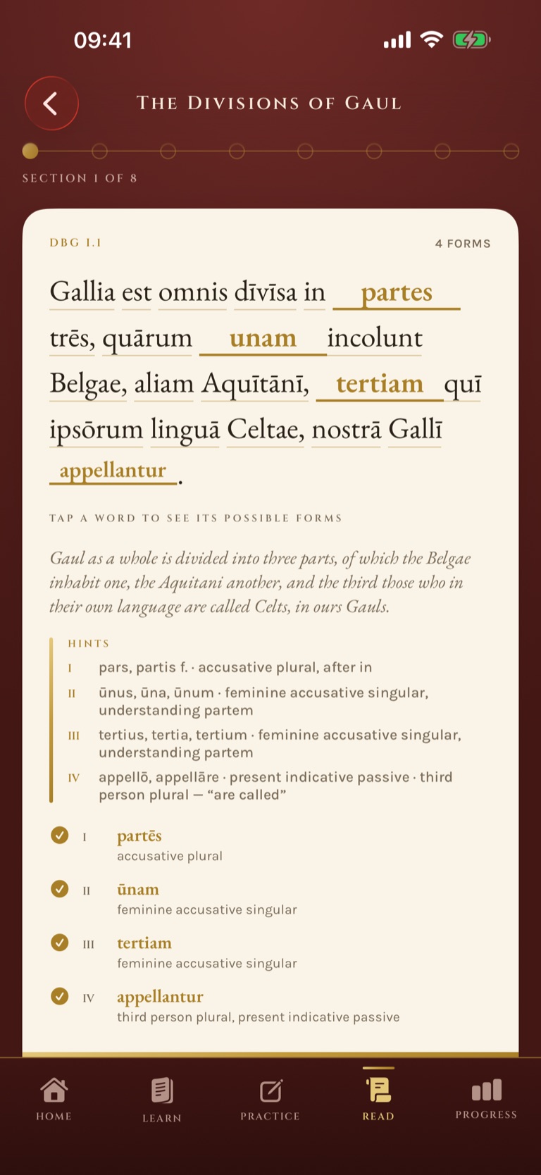 Declinatio reading screen: the opening of Caesar's Gallic War with four words filled in and graded