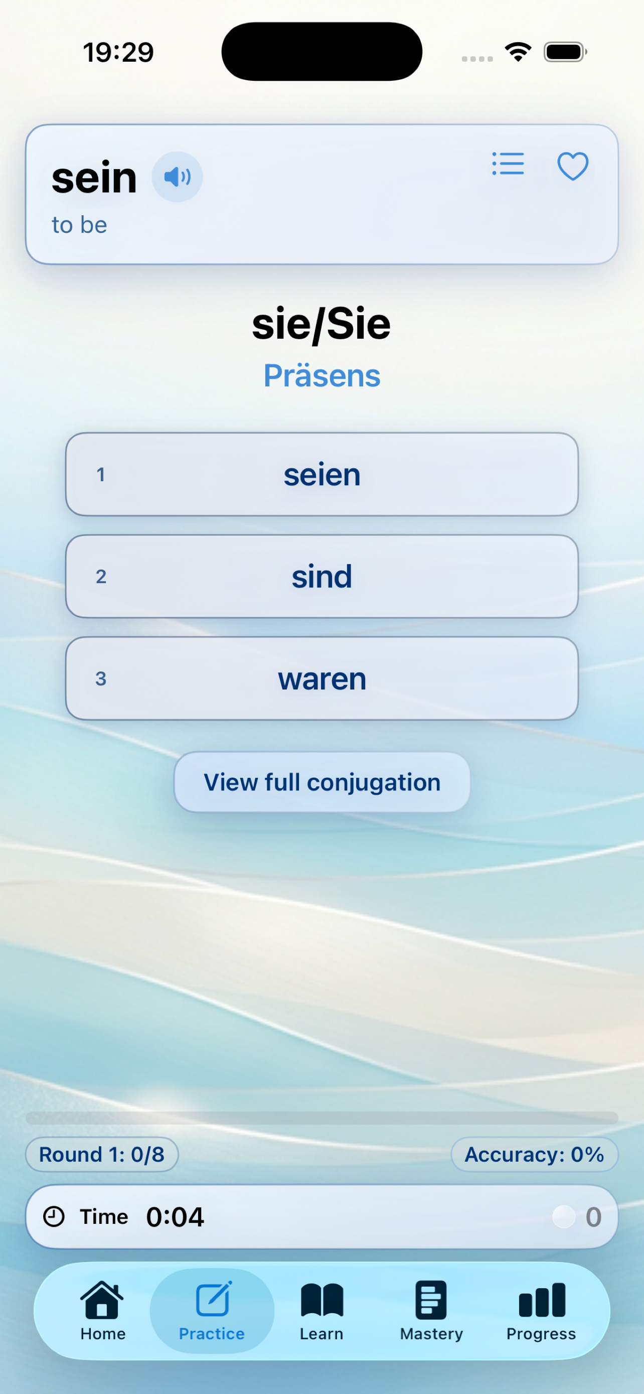 verbShark quiz screen showing three verb form options