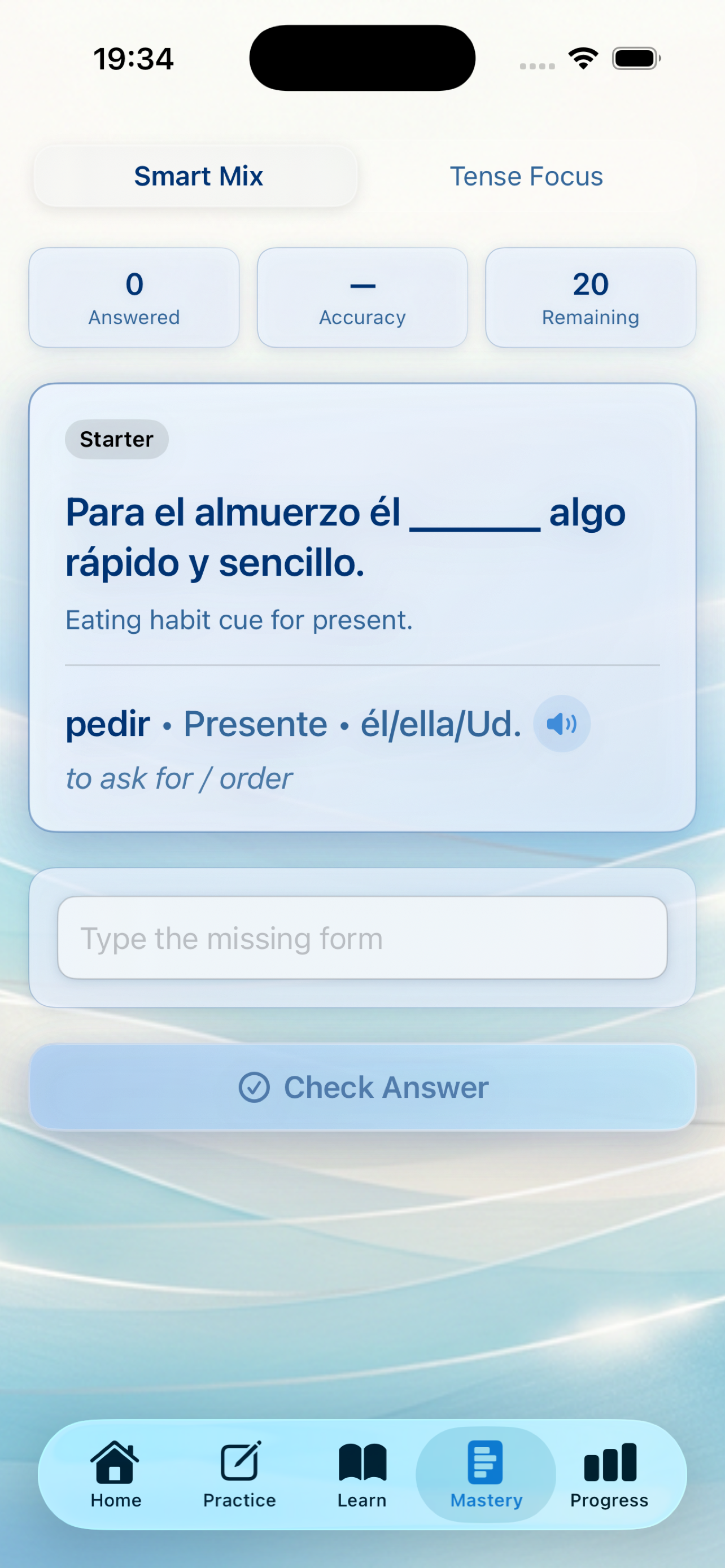 verbShark screen showing sentence-based mastery practice